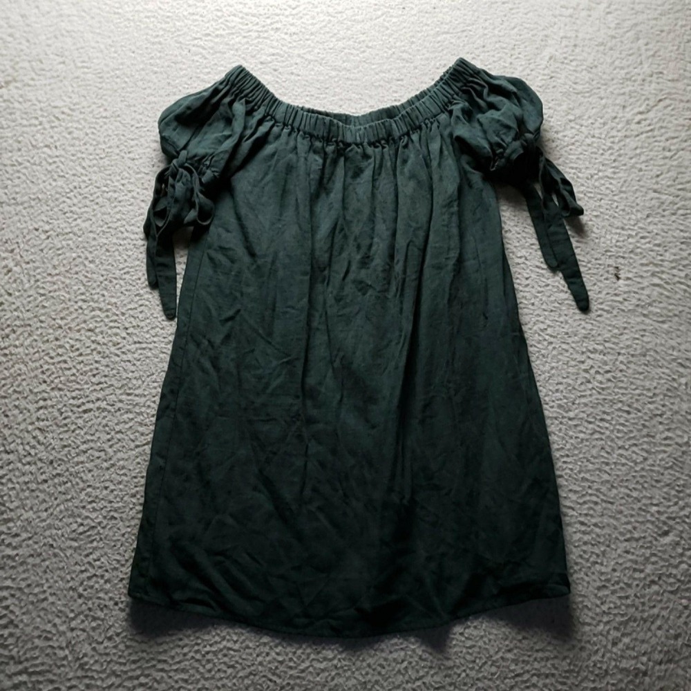 Lulus Dress Womens Medium Green Solid Short Sleeve Off Shoulder Shift Short